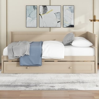 Twin Wood Daybed with Trundle, Guardrail, Beige, Vintage Style, No Box Spring Needed