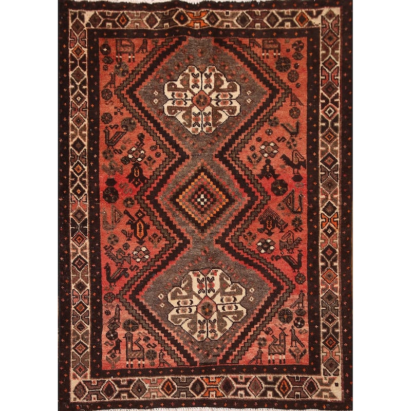 Tribal Geometric Hamedan Persian Vintage Area Rug Handmade Wool Carpet - 3'8"x 4'10"