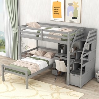 Gray Twin Pine Loft Bunk Bed with Storage Staircase, Desk, Shelves, Drawers