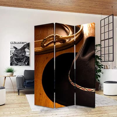 3 Panel Foldable Canvas Screen with Country Print, Brown and Black - 6 x 12