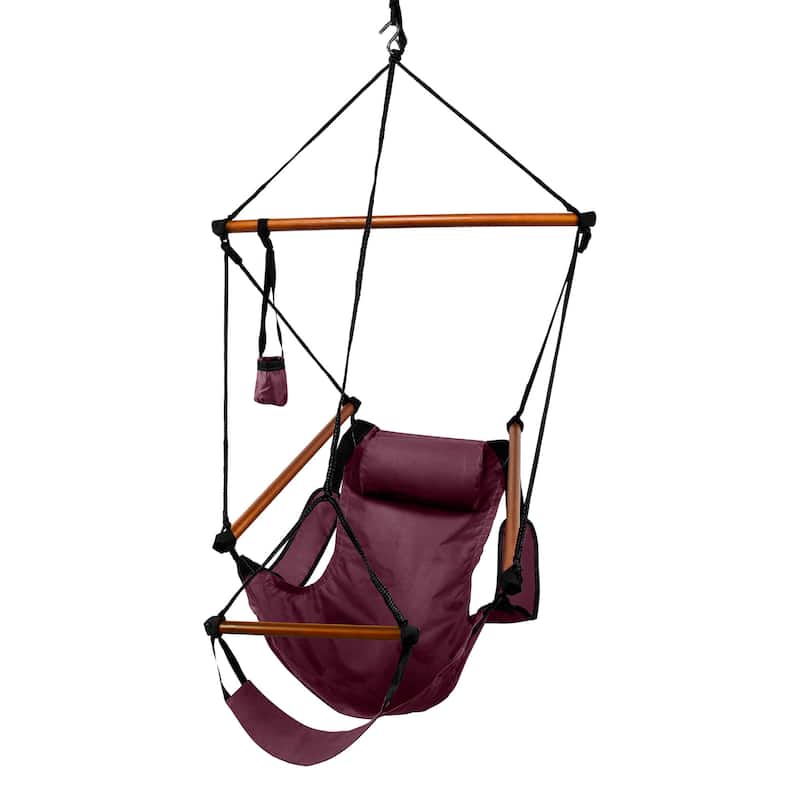 Deluxe Hanging Wood Zero-gravity Hammock Chair with Cup Holder - Burgundy