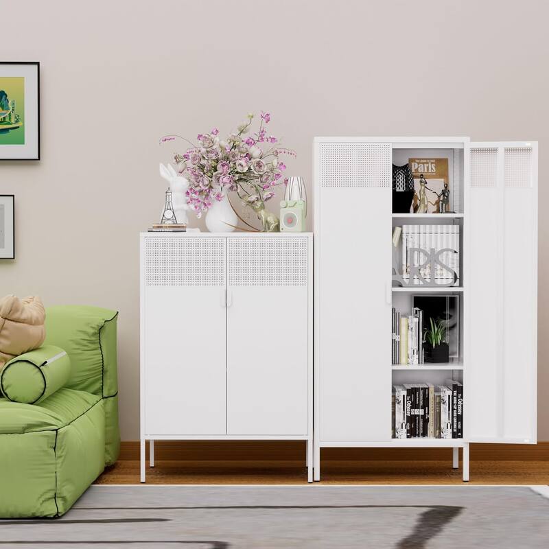 The metal food storage cabinet, 61 inches high, is equipped with adjustable shelves and is suitable for homes and kitchens