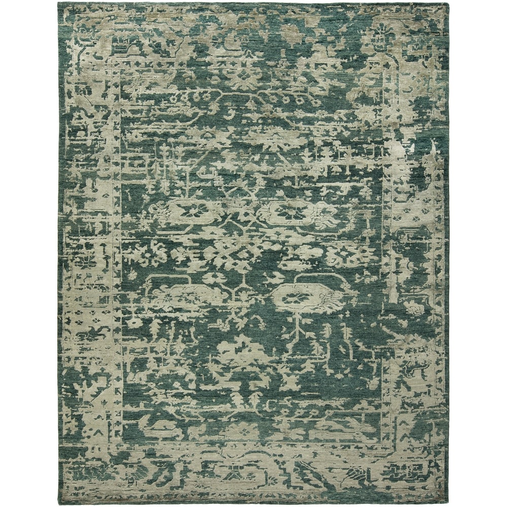 Transitional Blue Hand-Knotted Wool & Viscose Area Rug