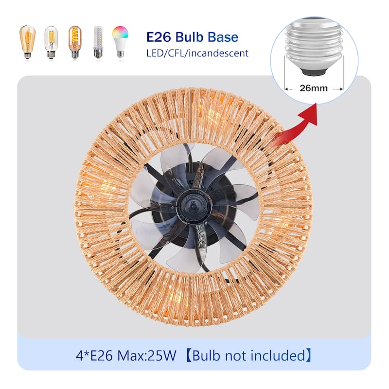 20" Rope Caged Ceiling Fans with Remote, Flush Mount Ceiling Fan with Light, Low Profile Chandelier 6 Speed DC Motor