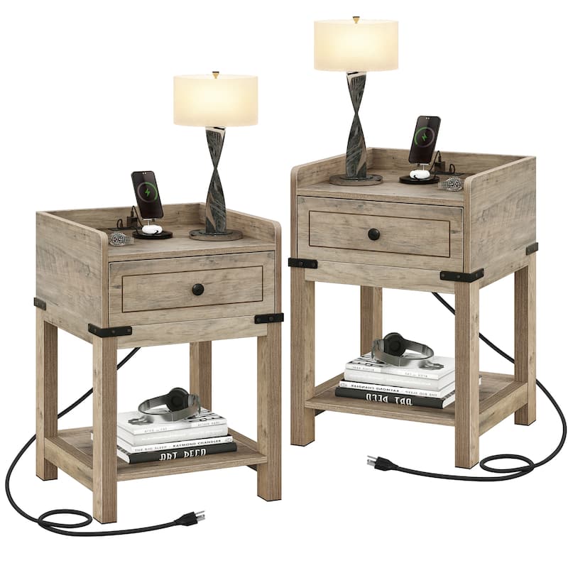 Moasis Nightstands Set of 2 with Storage Shelves End Side Table with Charging Station USB - Grey