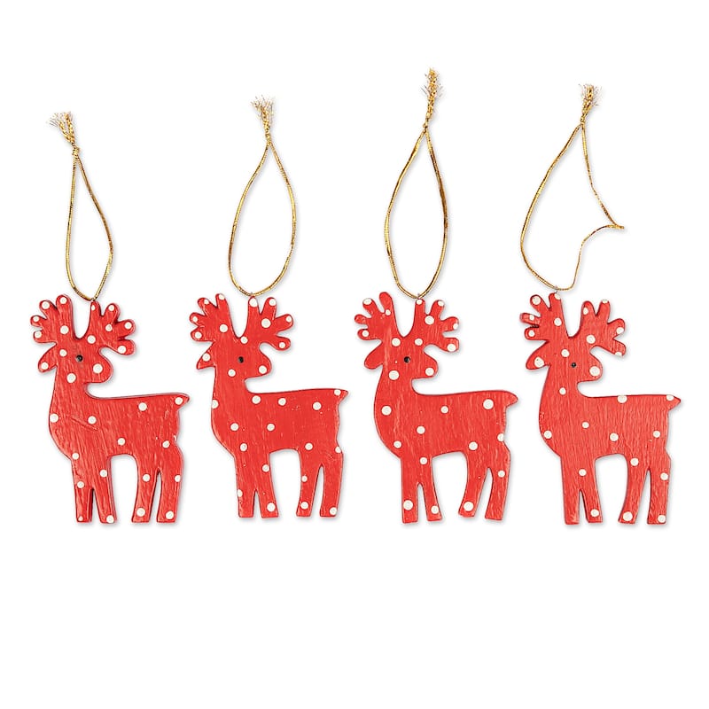 Novica Handmade Cheerful Polka Dot Reindeer Wood Ornaments (Set Of 4)