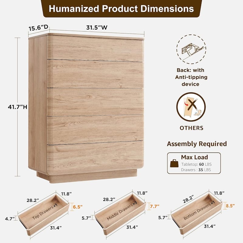 Modern 5 Drawer Dresser for Bedroom, Handle-less Wooden Dressers