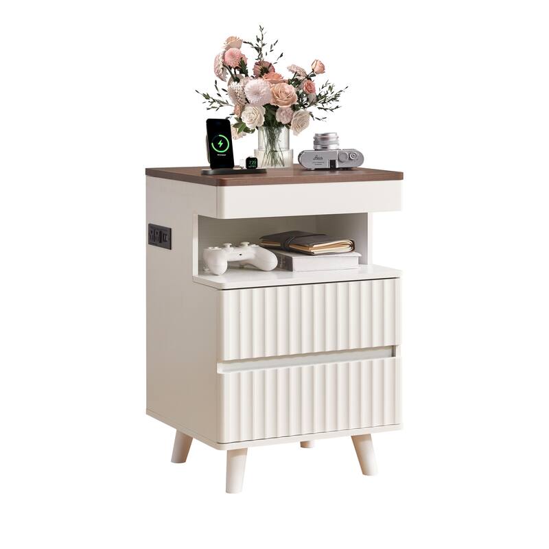 Modern Bedside Table with Gun Drawer,Bedside Table with Charging Station, 2 Drawers and Open Shelf,Side Table for Bedroom