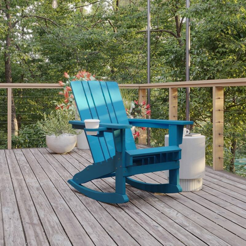 Commercial All-Weather Rocking Adirondack Chair with Swiveling Cupholder - Blue