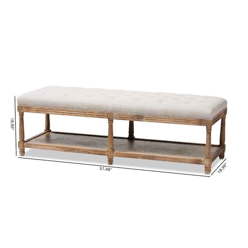 Celeste French Country Weathered Oak Beige Linen Upholstered Ottoman Bench - 18.9" High x 57.48" Wide x 18.9" Deep