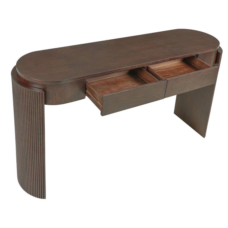 Entryway Table with Natural Wood Grain Finish, Console Table with Fluted Design, Oval Top and 2 Drawers