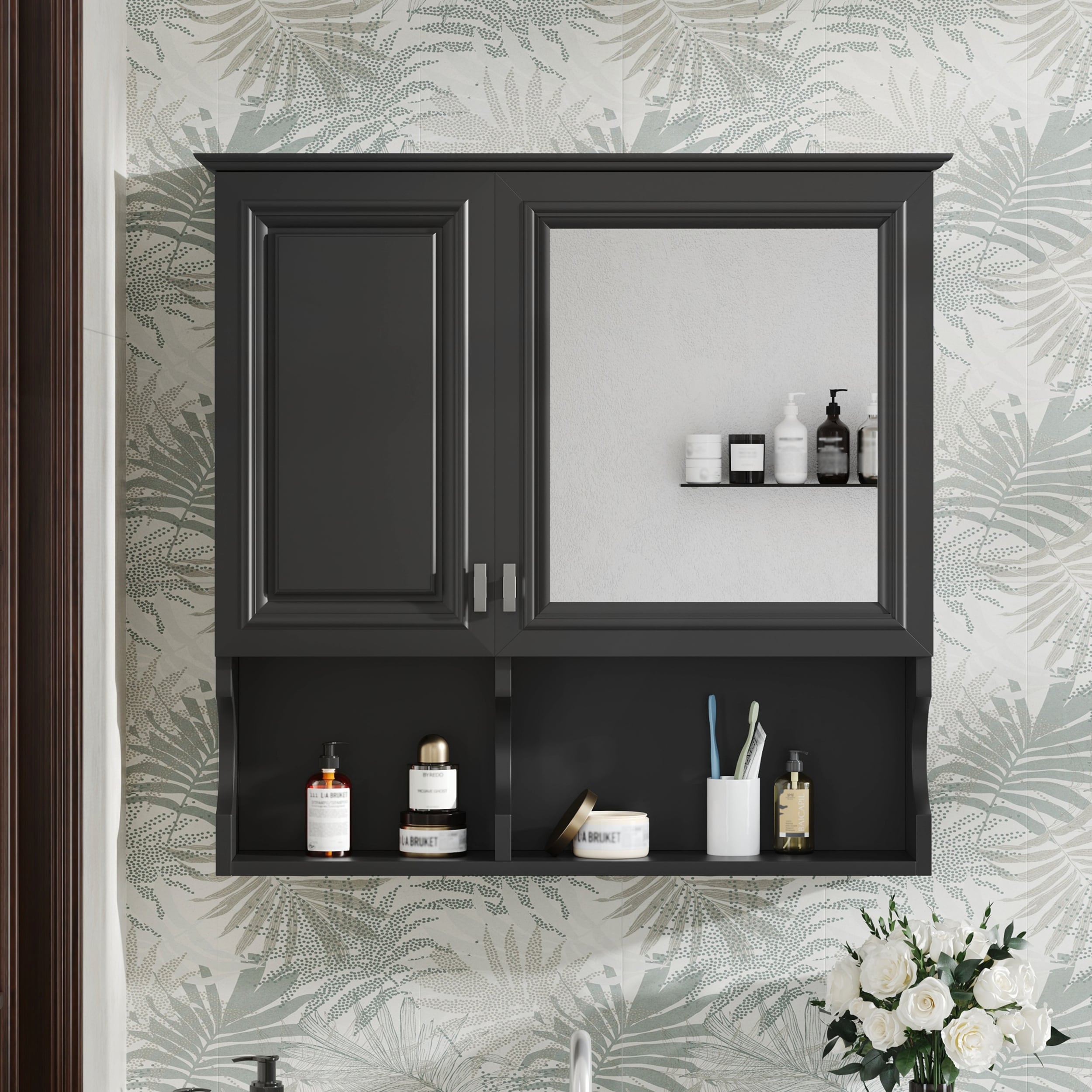 30 Inch Wall-Mounted Bathroom Mirror Cabinet with Open Shelves, Adjustable Storage, and Dual Doors for Modern Home Decor