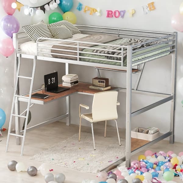 slide 2 of 12, Industrial Modern Full Size Loft Metal & MDF Bed with Built-in Desk and Shelf, Sturdy Construction & Safety Guaranteed, Silver Silver