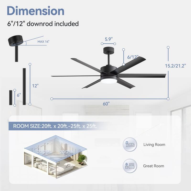 52"/ 65"/72" Black LED Ceiling Fan with Light Kit and Remote(5/8 Blade)