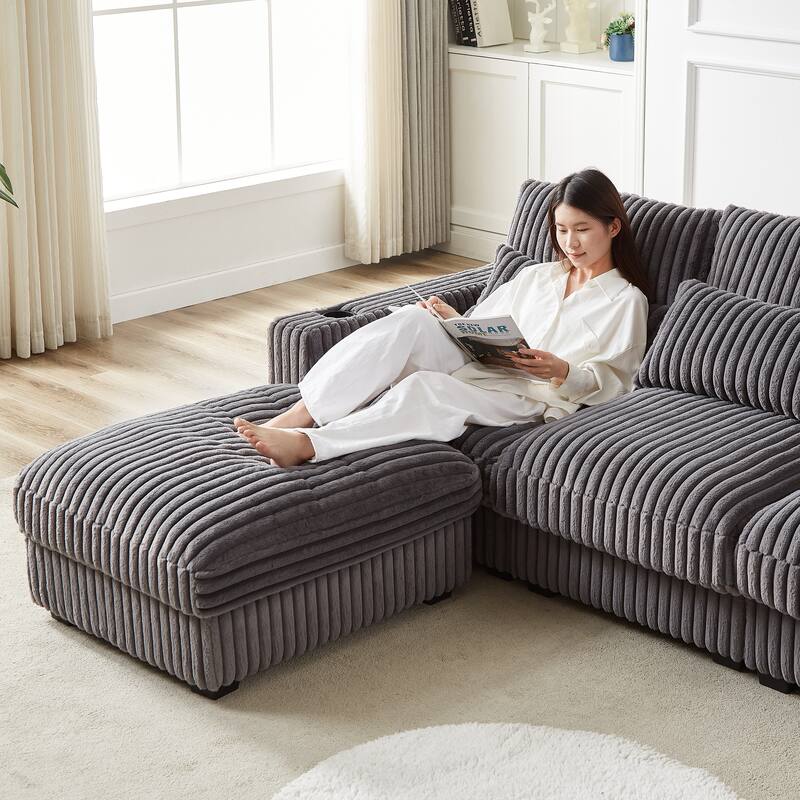 126" Corduroy L-Shaped Sectional Sofa with USB & Cup Holders