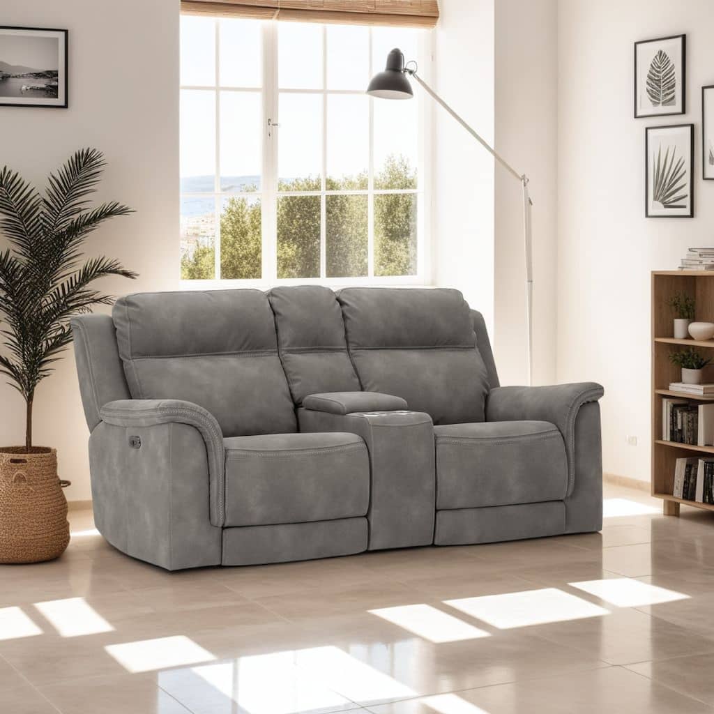 Corbin Power Recliner Loveseat in Slate Gray Faux Leather w Cupholders
