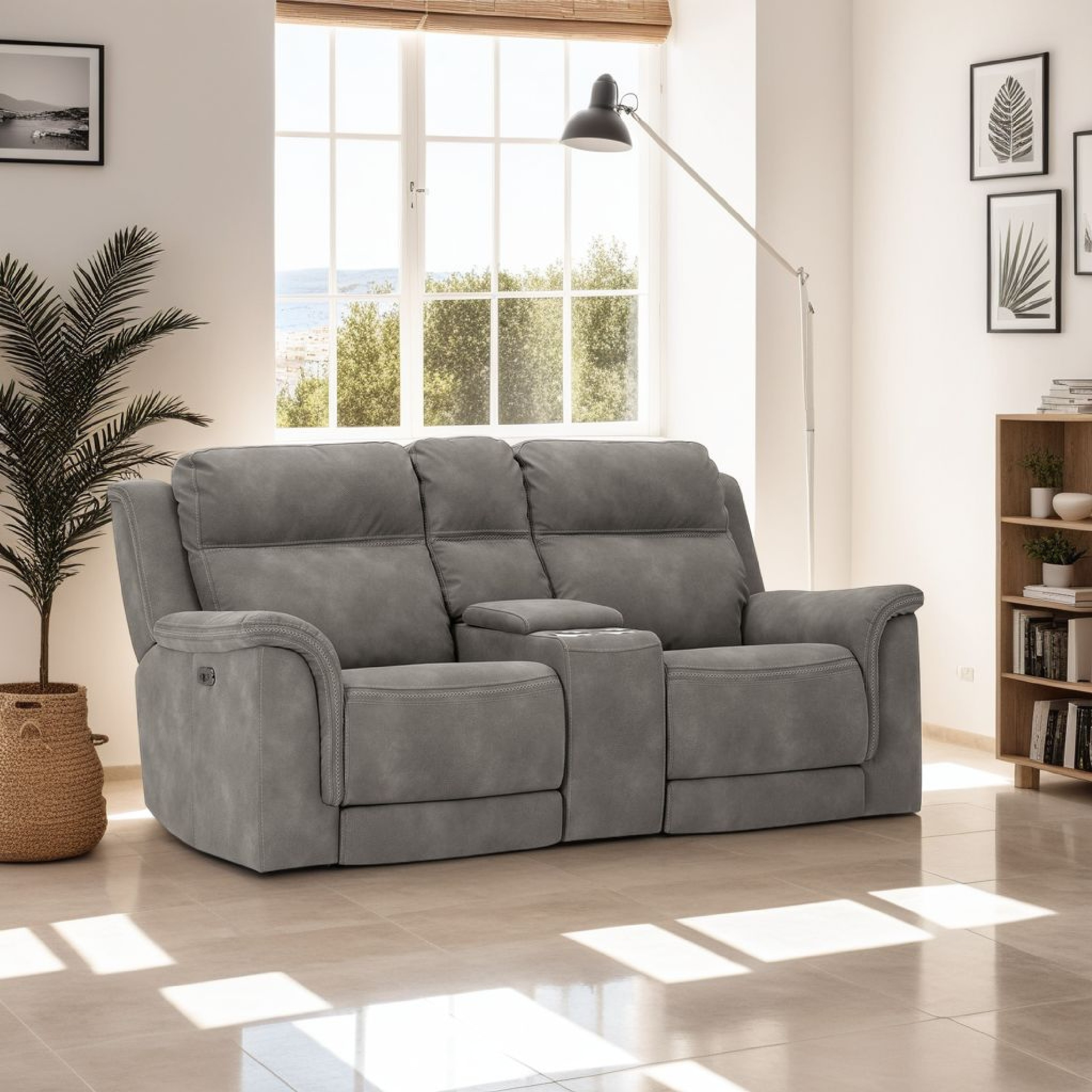 Corbin Power Recliner Loveseat in Slate Gray Faux Leather w Cupholders