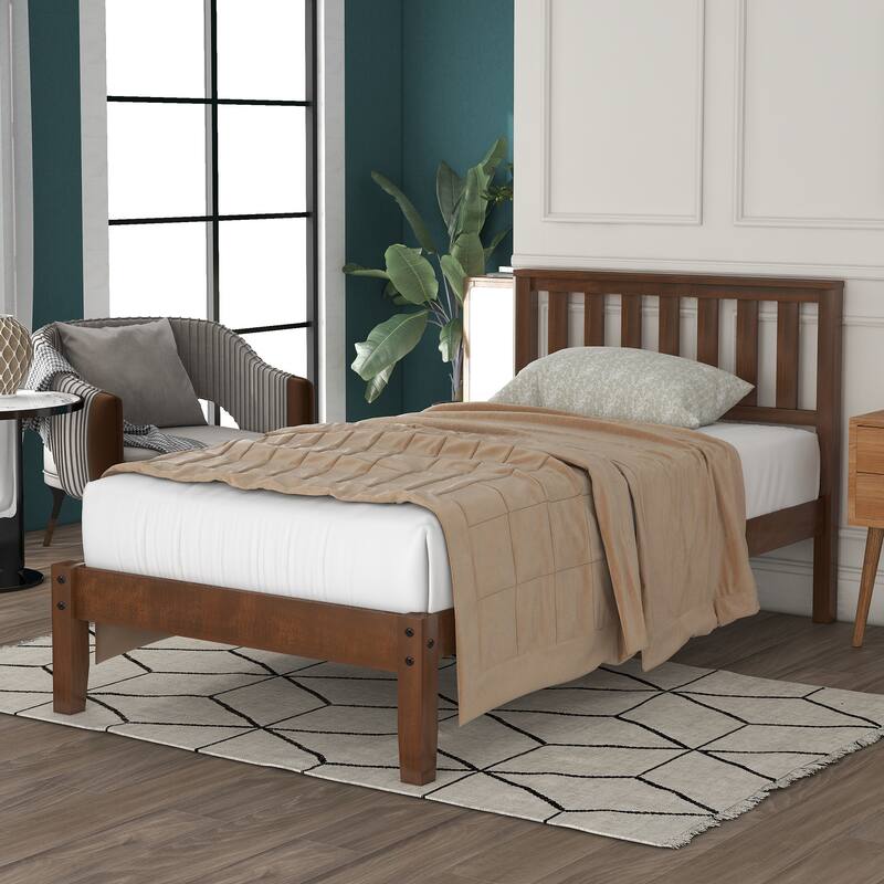 Twin Size Wood Platform Bed with Headboard and Wooden Slat Support - Walnut