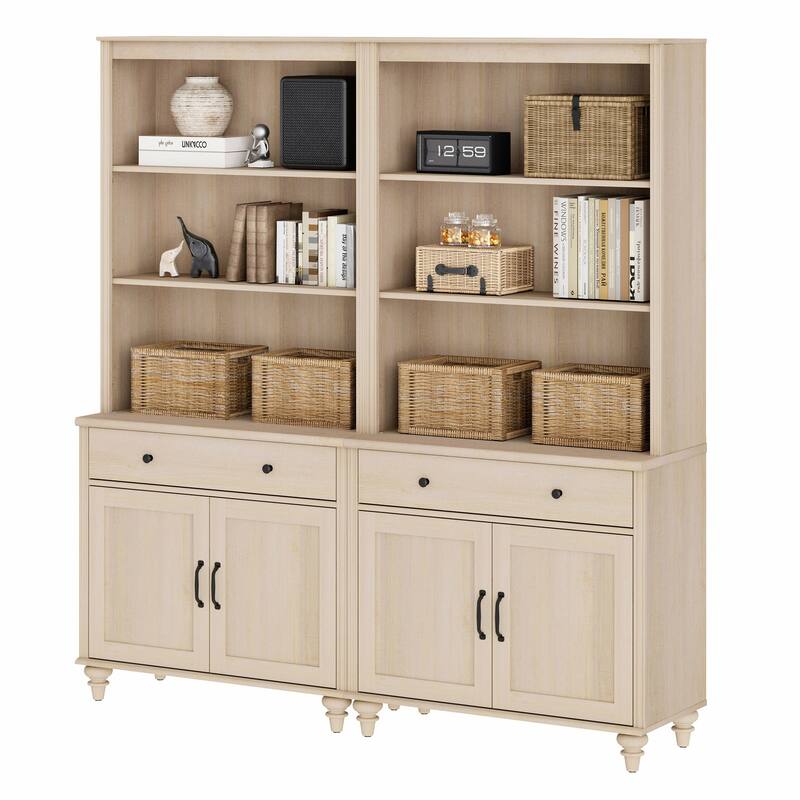 Light Beige Bookcase with Doors, Large Wood Farmhouse Book Case Shelf