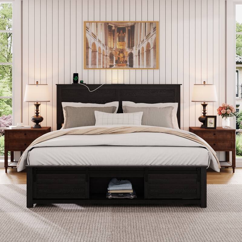 Roomfitters Bed Frame with Upholstered Headboard, Storage Headboard, Charging Station, Wood Platform