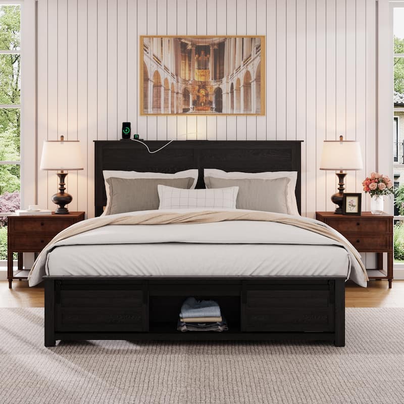 Storage Platform Bed Frame with Touch Light Charging Station Headboard and Endbed Storage Space, Velcro Design Wood Slat Support