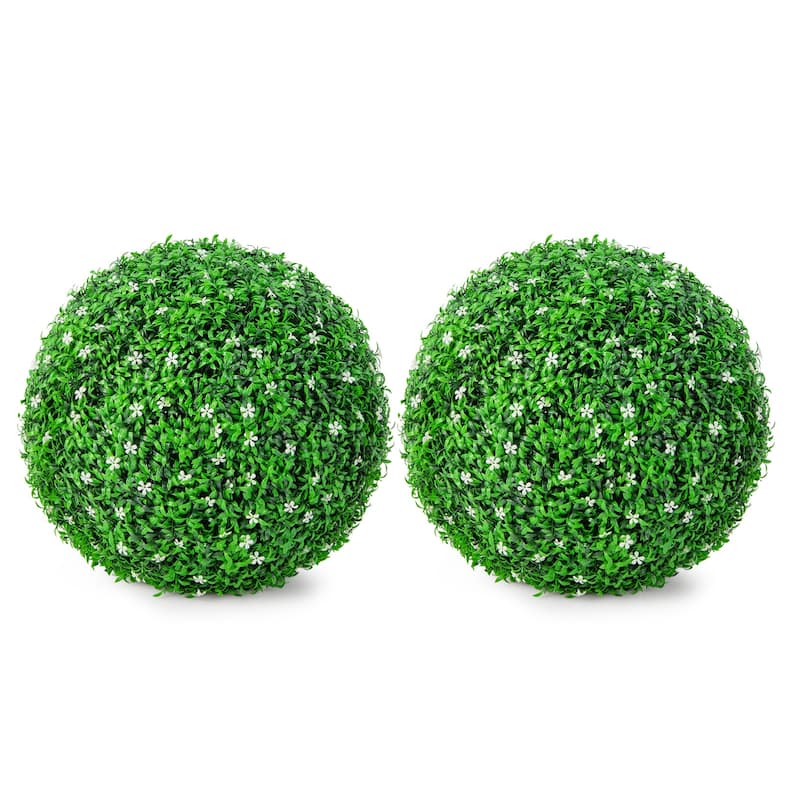 Gymax 2 PCS Artificial White Flower Grass Topiary Balls 19'' Faux - Green & White