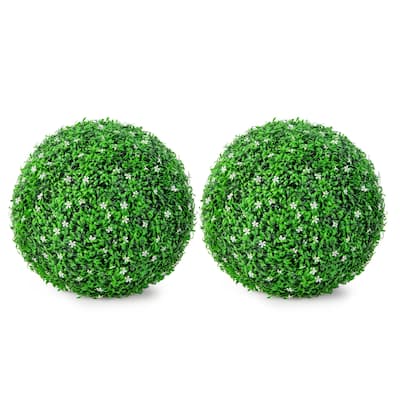 Gymax 2 PCS Artificial White Flower Grass Topiary Balls 19'' Faux