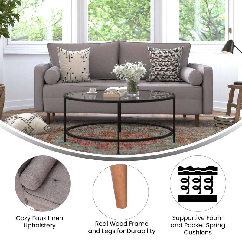 Compact Upholstered Tufted Sofa with Wooden Legs