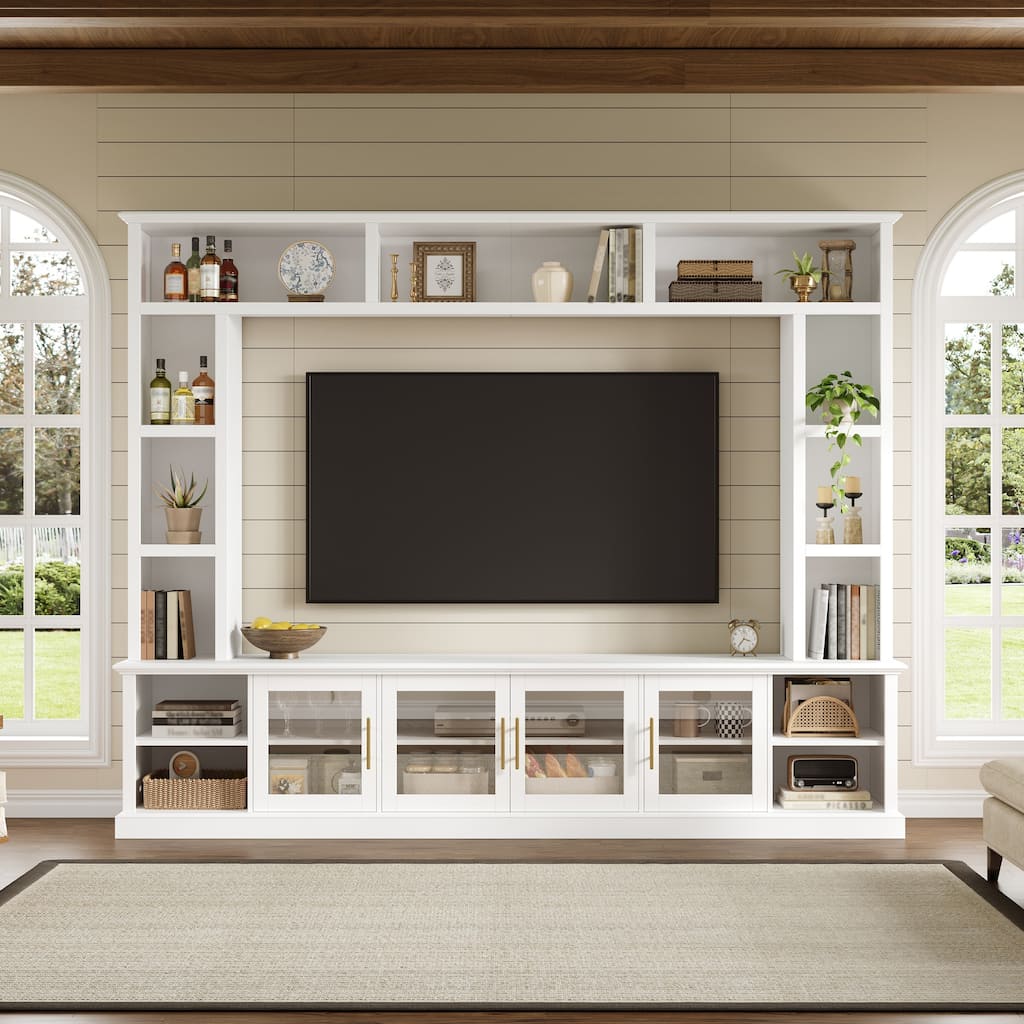 Entertainment Center Wall Unit for TVs up to 80", All-in-One TV Stand Glass Doors Storage Cabinet Bookcase Wine Rack