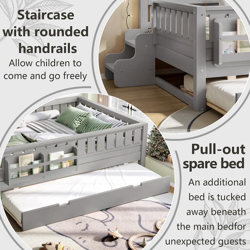 Full/Twin Loft Bed with Bookshelves, Safety Stairs & Trundle