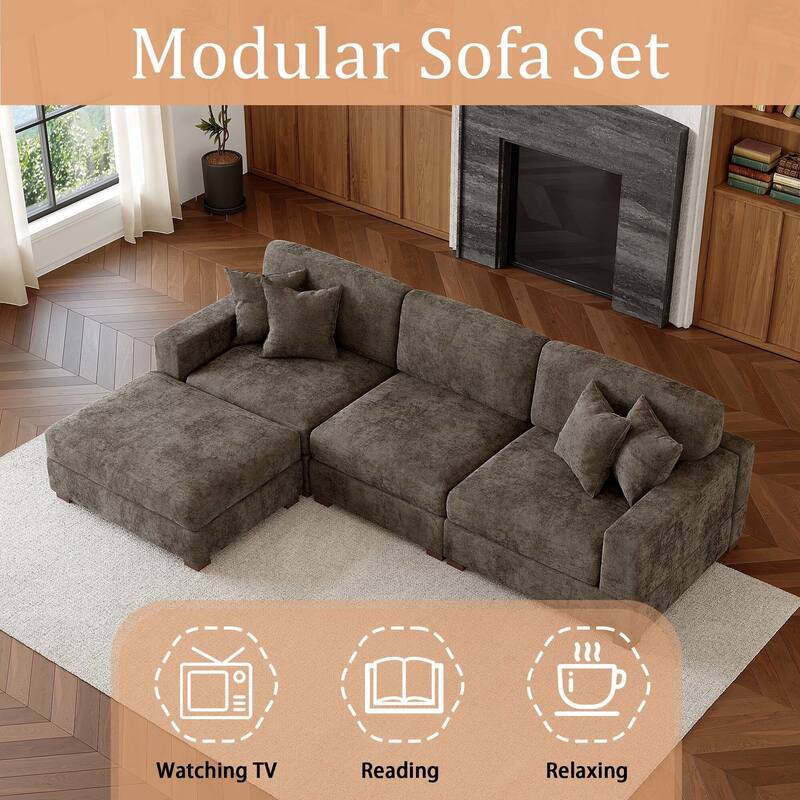 Oversized Chenille Modular Sectional Sofa Living Room Set with Ottoman