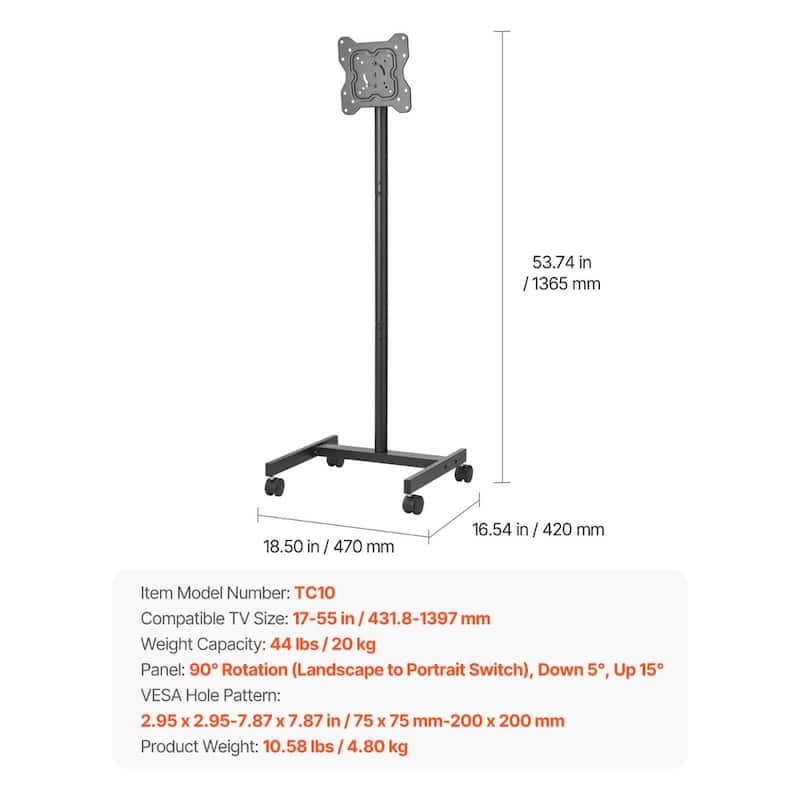 Rolling TV Stand for 17-55 Inch Screens with Adjustable Height & Tilt - 18.50 x 16.54 x 53.74 in