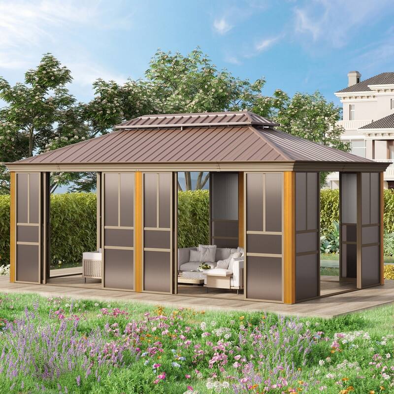 Outdoor Hardtop Sunroom Gazebo with Double Roof & Sliding Doors, All-Season Aluminum Outdoor Pergola, PE Screens&Lockable Design