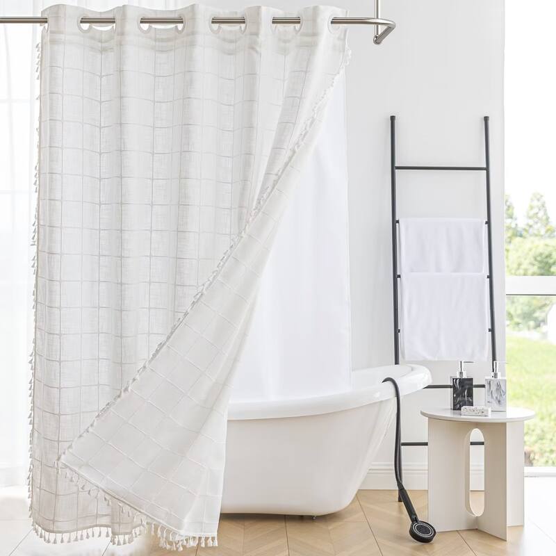 No Hooks Linen Textured Geometric Tassels Shower Curtain with Snap-in Liner
