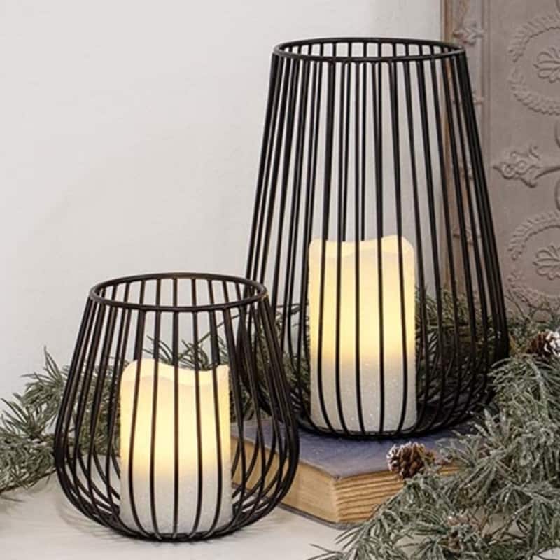 Modern Black Metal Wire Sleek Pillar Candle Holder for Living Room or Bedroom Decor