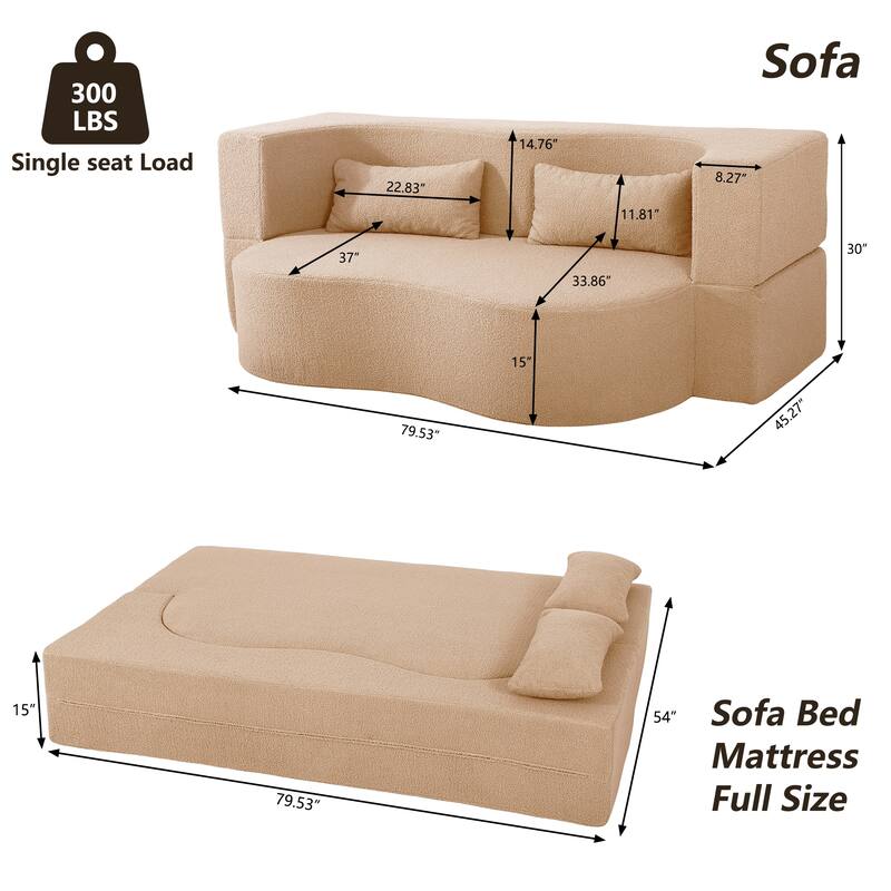 2-in-1 Convertible Sofa Bed, Folding Loveseat Couch with Soft Teddy Fabric, Floor Sleeper Sofa Mattress with 2 Pillows