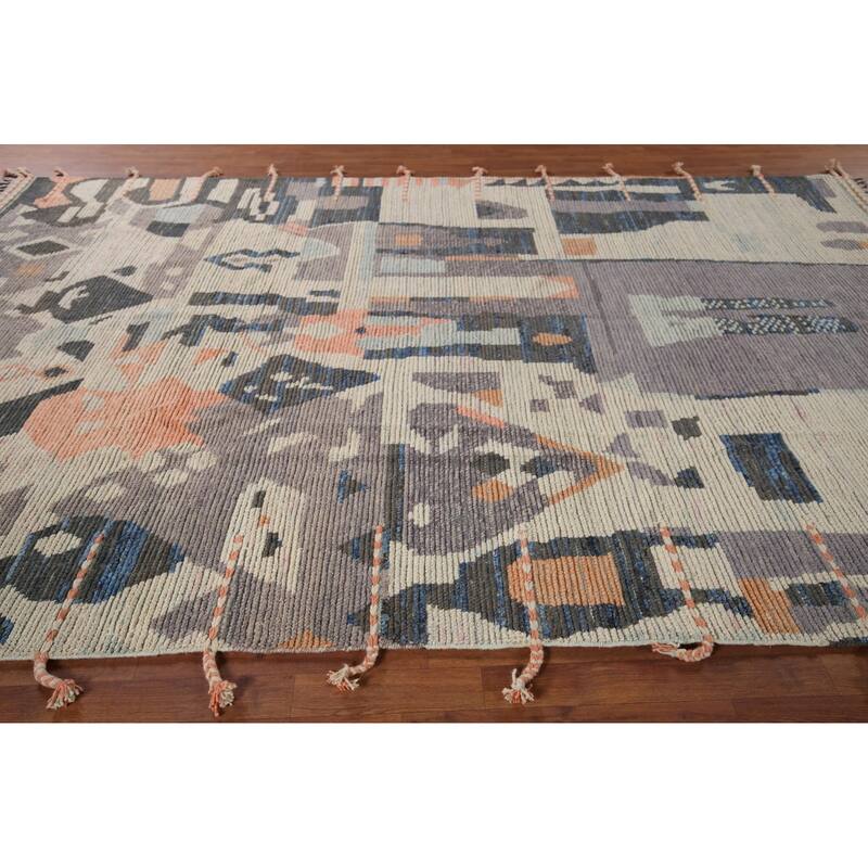 Beige Moroccan Abstract Area Rug Hand-Knotted Wool Carpet - 8'0"x 12'4"