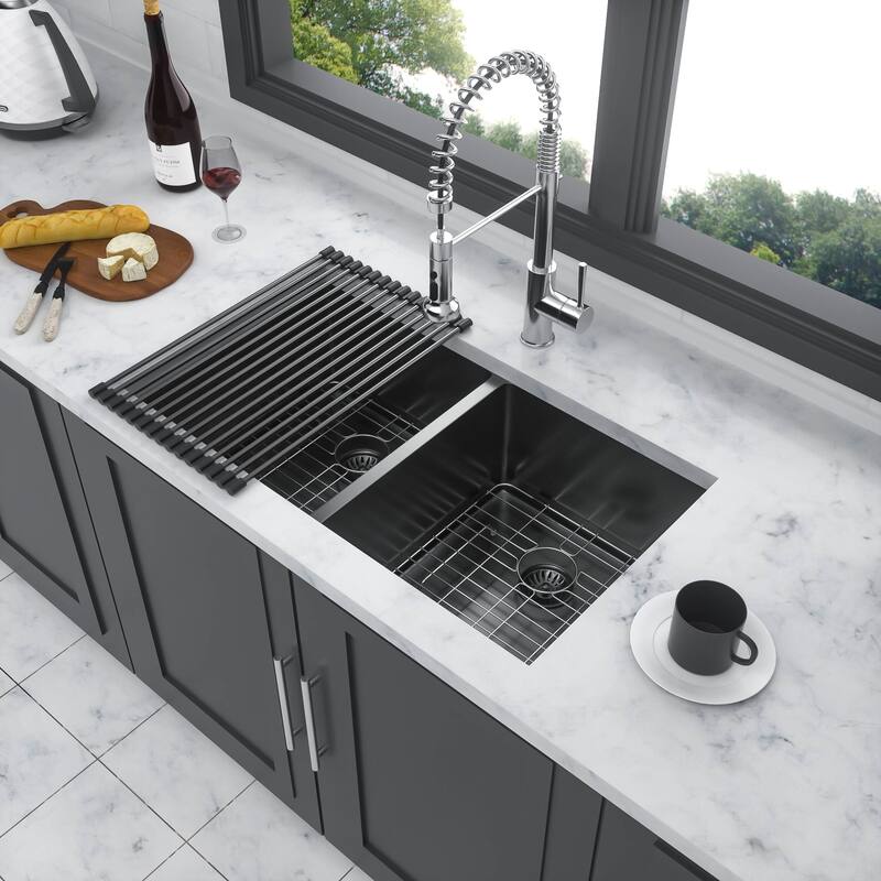 33 inch Gunmetal Black Double Bowl(50/50) Undermount Sink - 33x19x10 inch