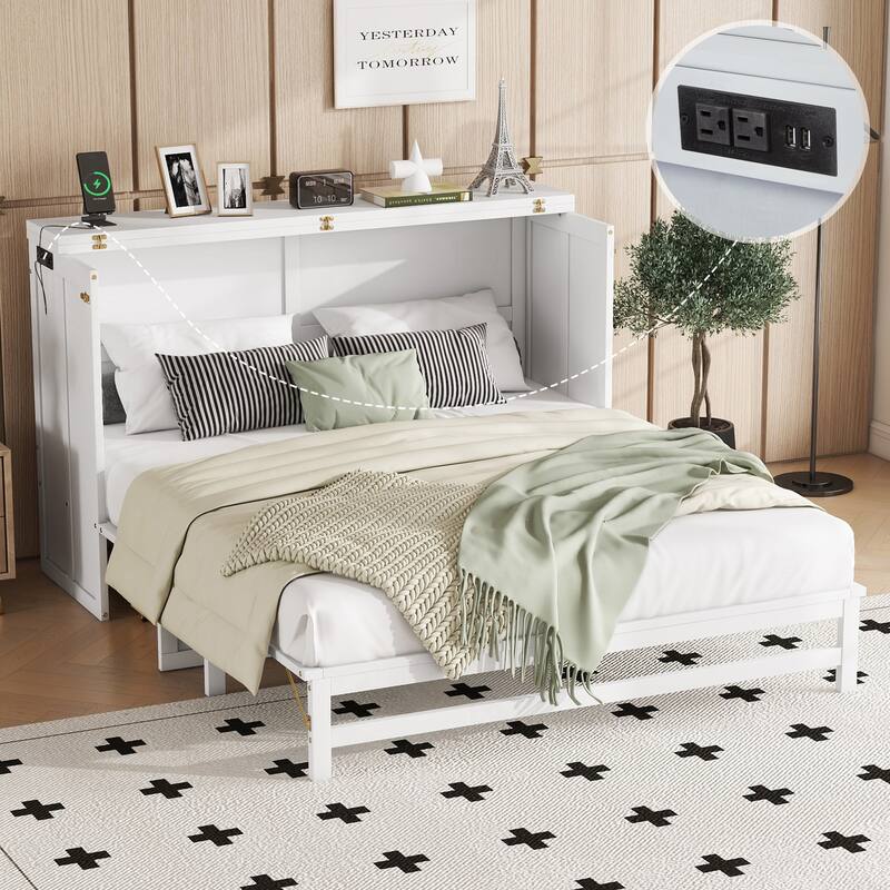 Murphy Bed Cabinet Queen with Storage Drawer and Charging Station, USB Port, Solid Pine Murphy Bedframe for Home Office