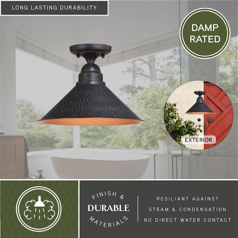 Outland Hammered Metal Bronze Rustic Outdoor Semi Flush Mount Ceiling Light - 12-in W x 8.5-in H x 12-in D