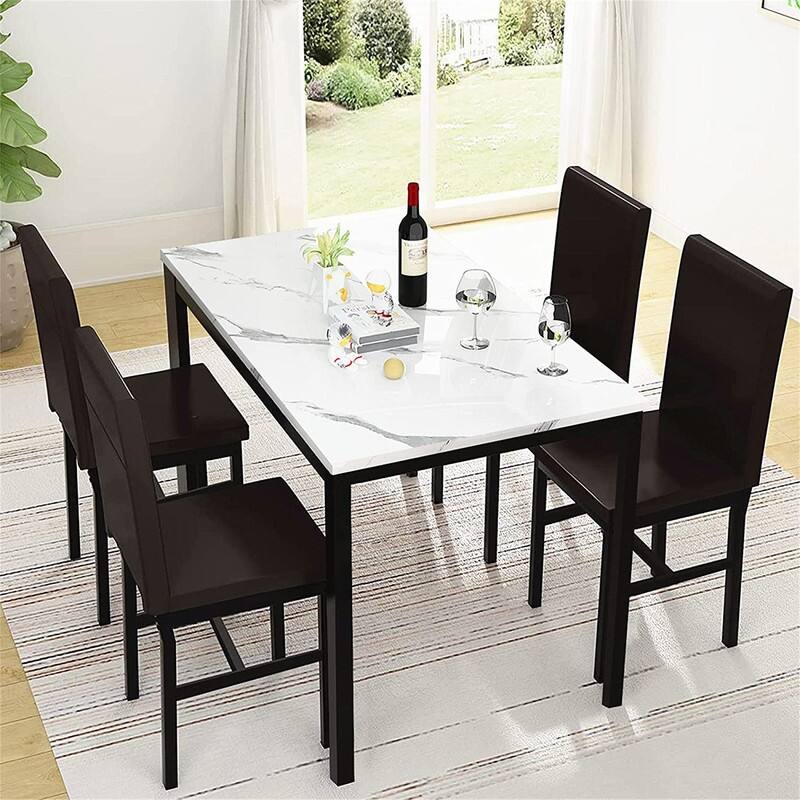 Modern Kitchen Dining Table Set for 4, Faux Marble Dining Set with 4 PU Leather Upholstered Chairs for Living Room, Kitchen
