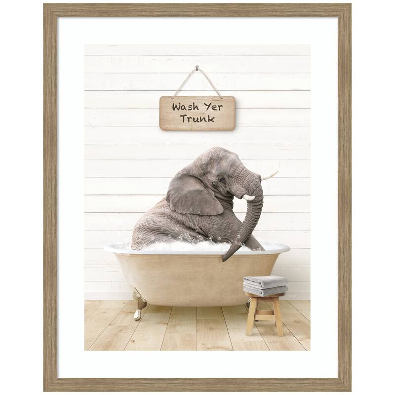 Kate and Laurel Young Elephant in Modern Bathtub Wash Your Trunk by Amy Peterson Framed Wall Art Print - 27 x 34 - Brown