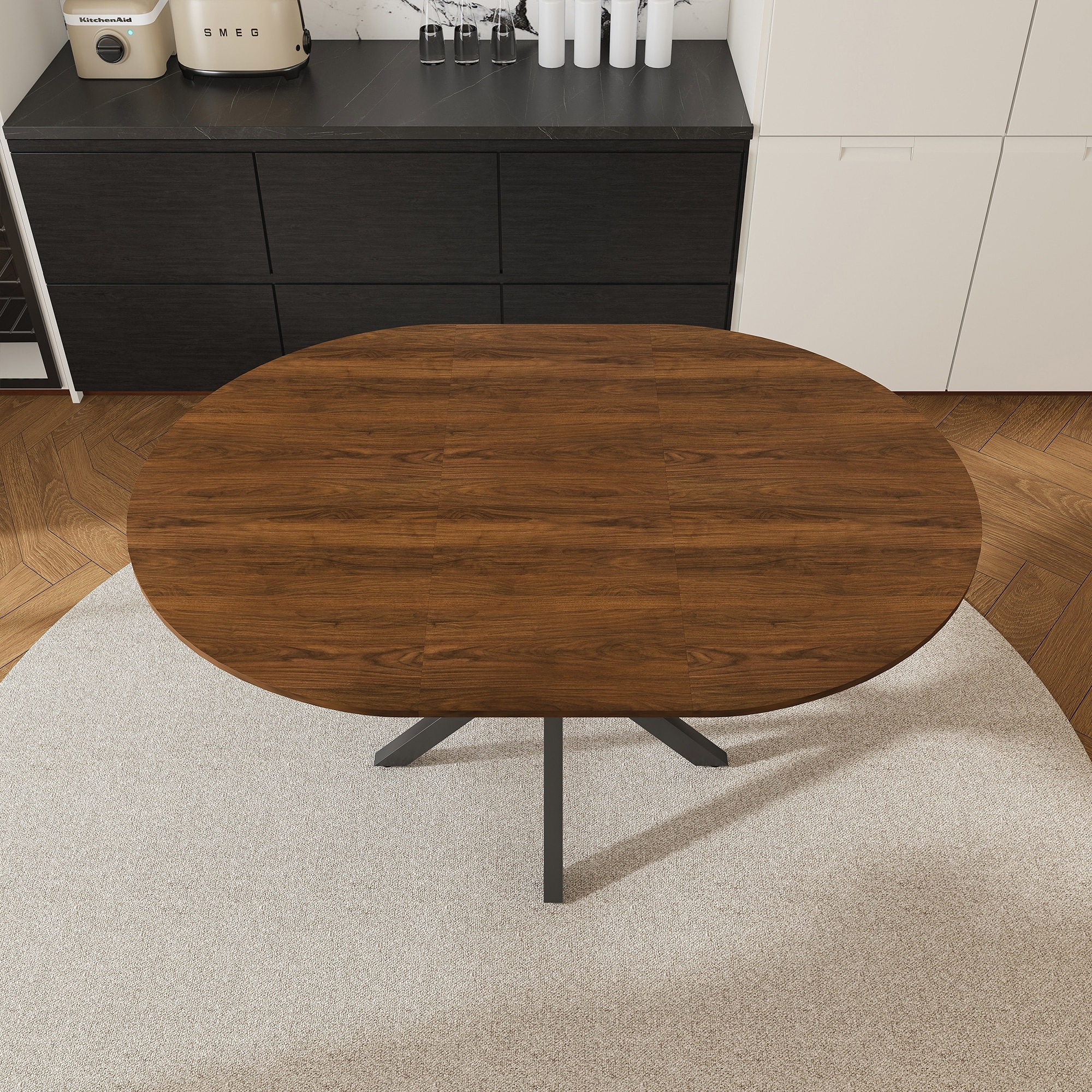 Modern Extendable Round Dining Table for 4-6: Carbon Steel X-Shaped Base, Space-Saving Kitchen & Apartment Table