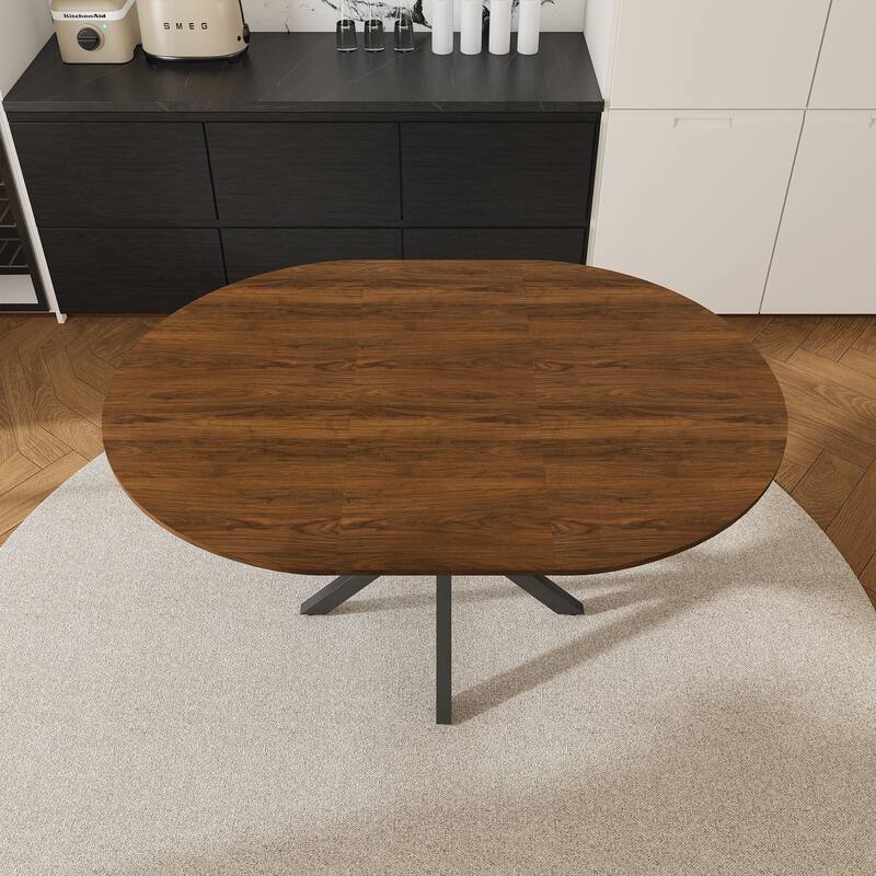 Modern Extendable Round Dining Table for 4-6: Carbon Steel X-Shaped Base, Space-Saving Kitchen & Apartment Table - Walnut