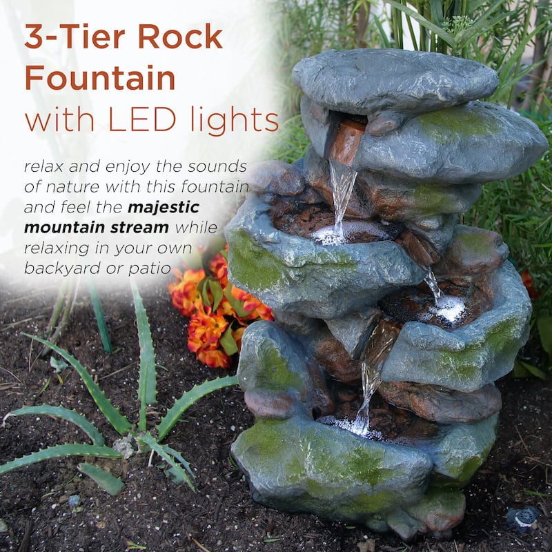 Alpine Corporation - Outdoor 3-Tier Rock Waterfall Fountain with LED Lights for Garden, Patio, Yard, and Porch Decor