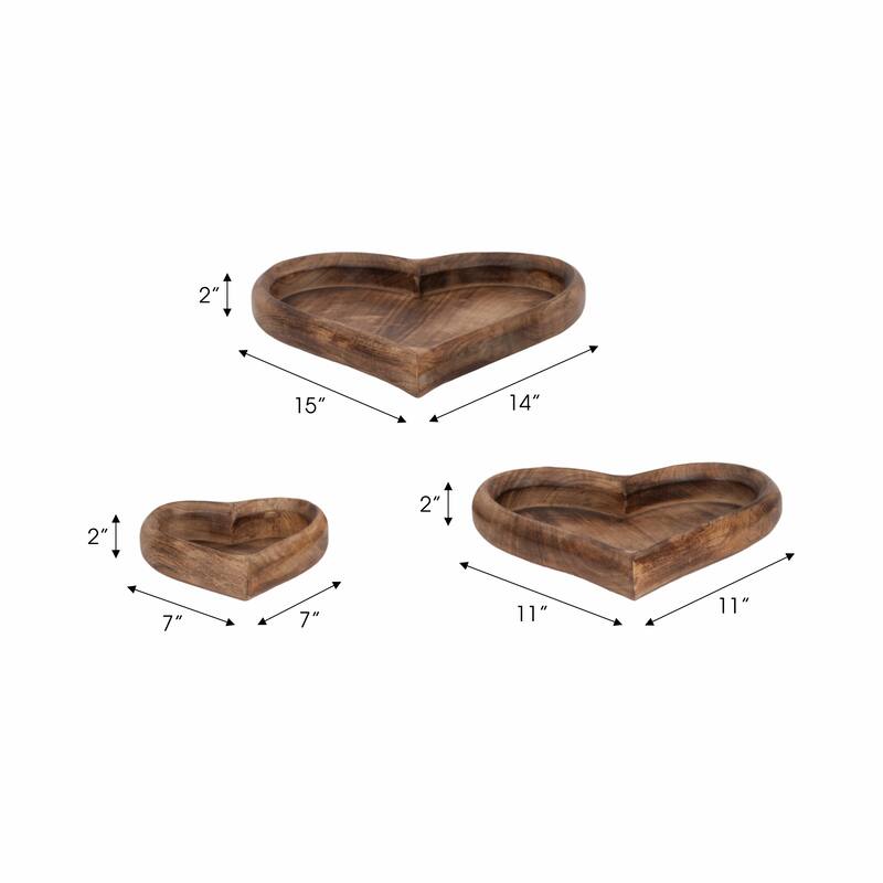 Sagebrook Home Mango Wood Heart Trays - Perfect For Entertaining & Decor - 14" x 14" x 2"