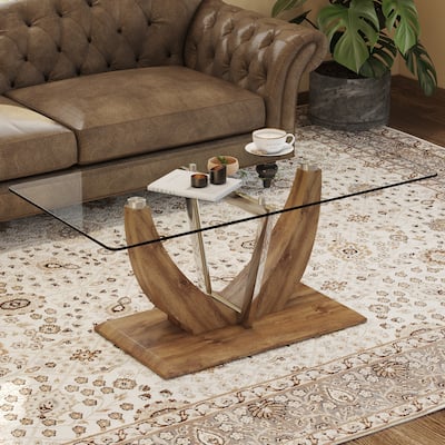 Modern minimalist transparent tempered glass coffee table with wooden MDF legs and stainless steel