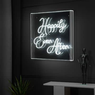 Happily Ever After 23.63" Square Contemporary Glam Acrylic Box USB Operated LED Neon Light, White by JONATHAN Y