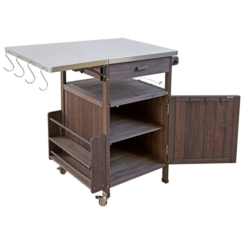 Kitchen Island w/Drop Leaf, Drawer, Towel Rack and Stainless Steel Top w/Wood Storage Cabinet, Rolling Cart for Kitchen Garden