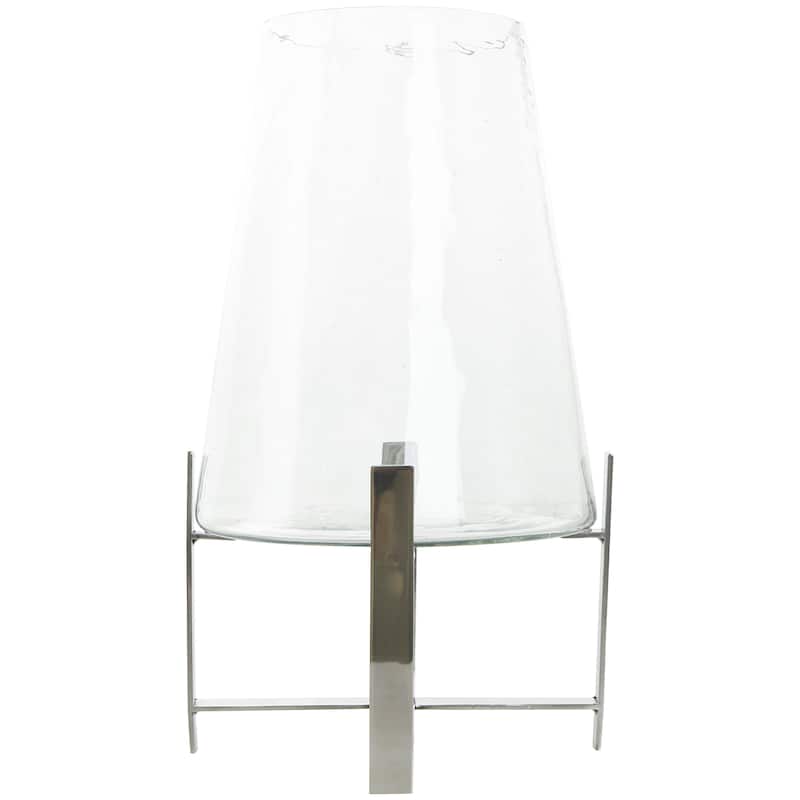 Stainless Steel Metal Hurricane Lamp with Stainless Steel X Shaped Base - Clear - Roche River Decor